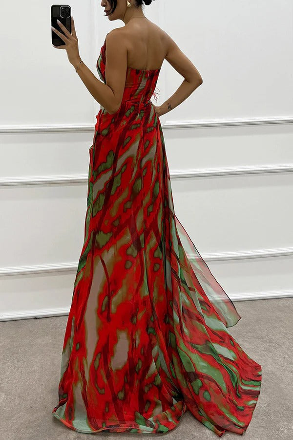 Millie | Elegant One Shoulder Feather Detail Maxi Gown
