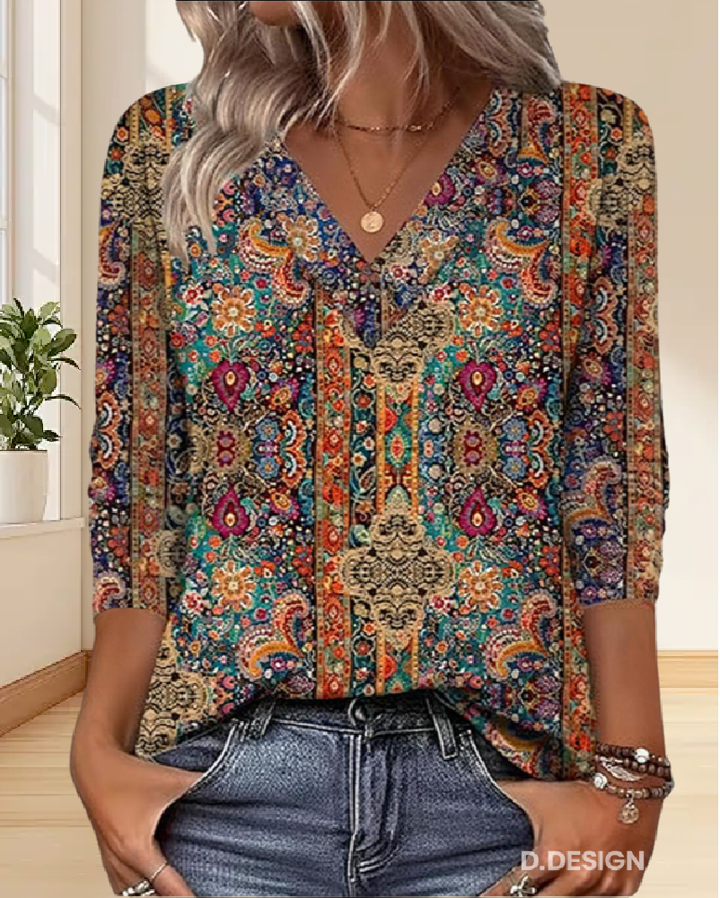 Genevieve | Bohemian V-Neck Paisley Print Blouse With 3/4 Sleeves