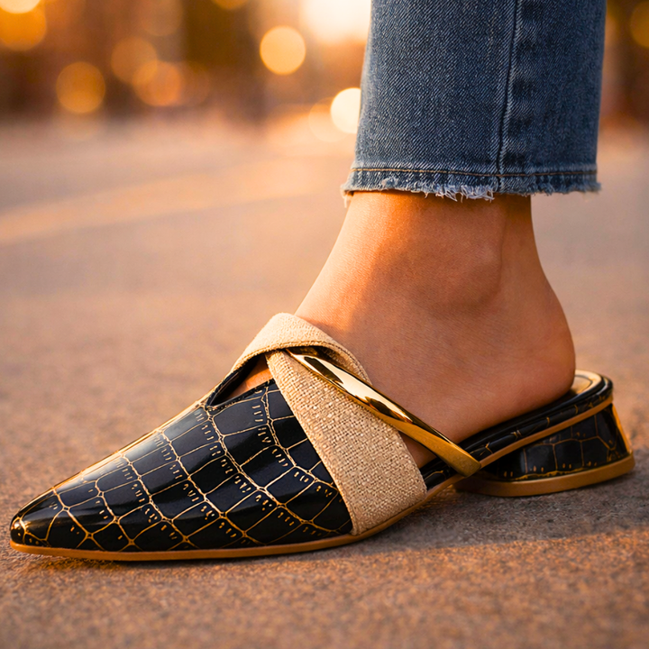 Odette | Chic Pointed Toe Croc-Embossed Mules With Gold Accent