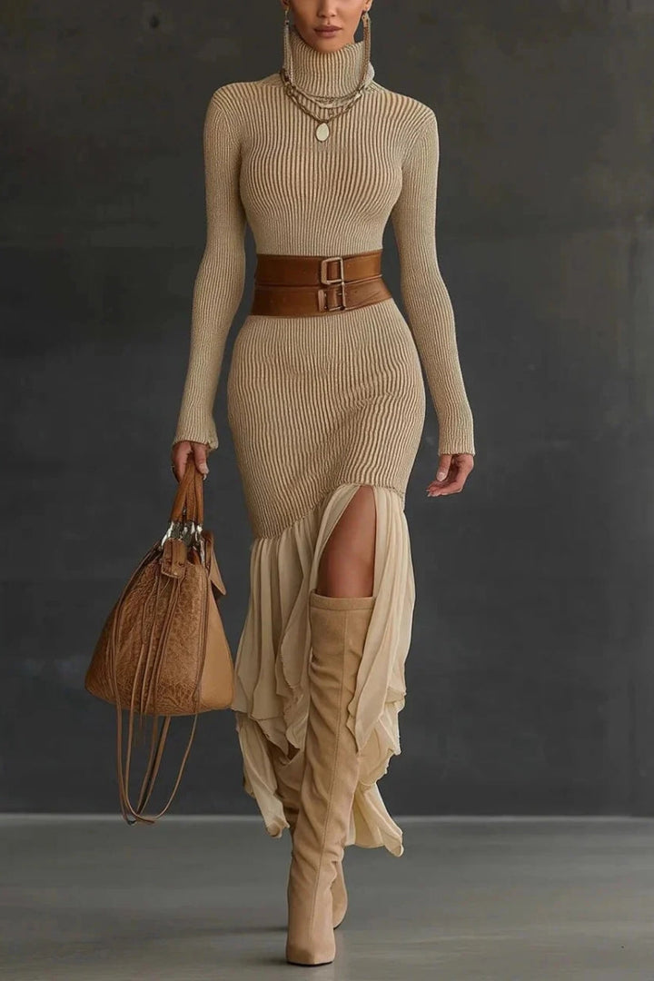 Magnolia | Elegant Turtleneck Ribbed Ruffle Maxi Dress