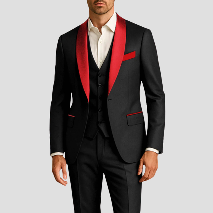 Men's Navy Three-Piece Tuxedo With Black Lapels And Bow Tie