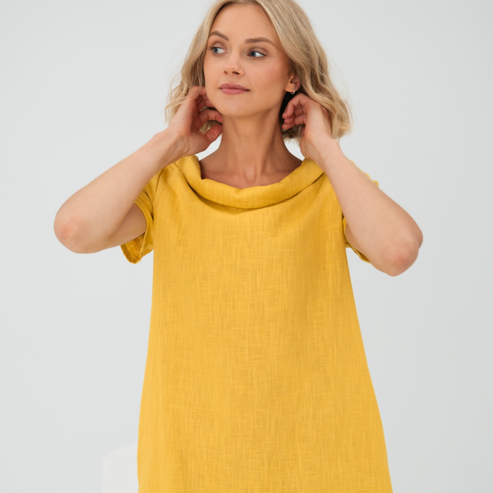 Sofia | Elegant Cowl Neck Short Sleeve Linen Midi Dress