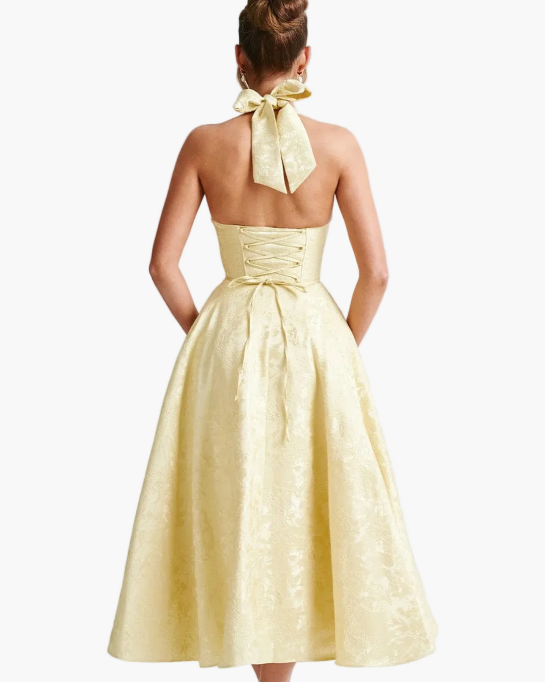 Penelope | Elegant White Halter Midi Dress With Flared Skirt