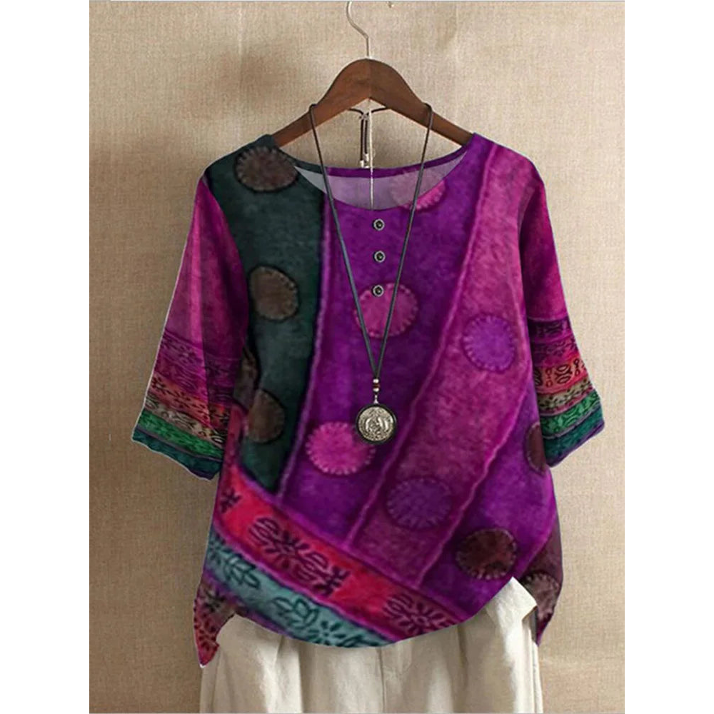 Rhea | Stylish Patchwork Three Quarter Sleeve Colorful Bohemian Top