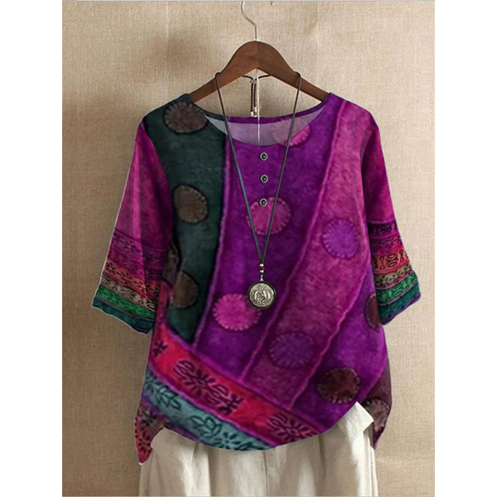 Rhea | Stylish Patchwork Three Quarter Sleeve Colorful Bohemian Top