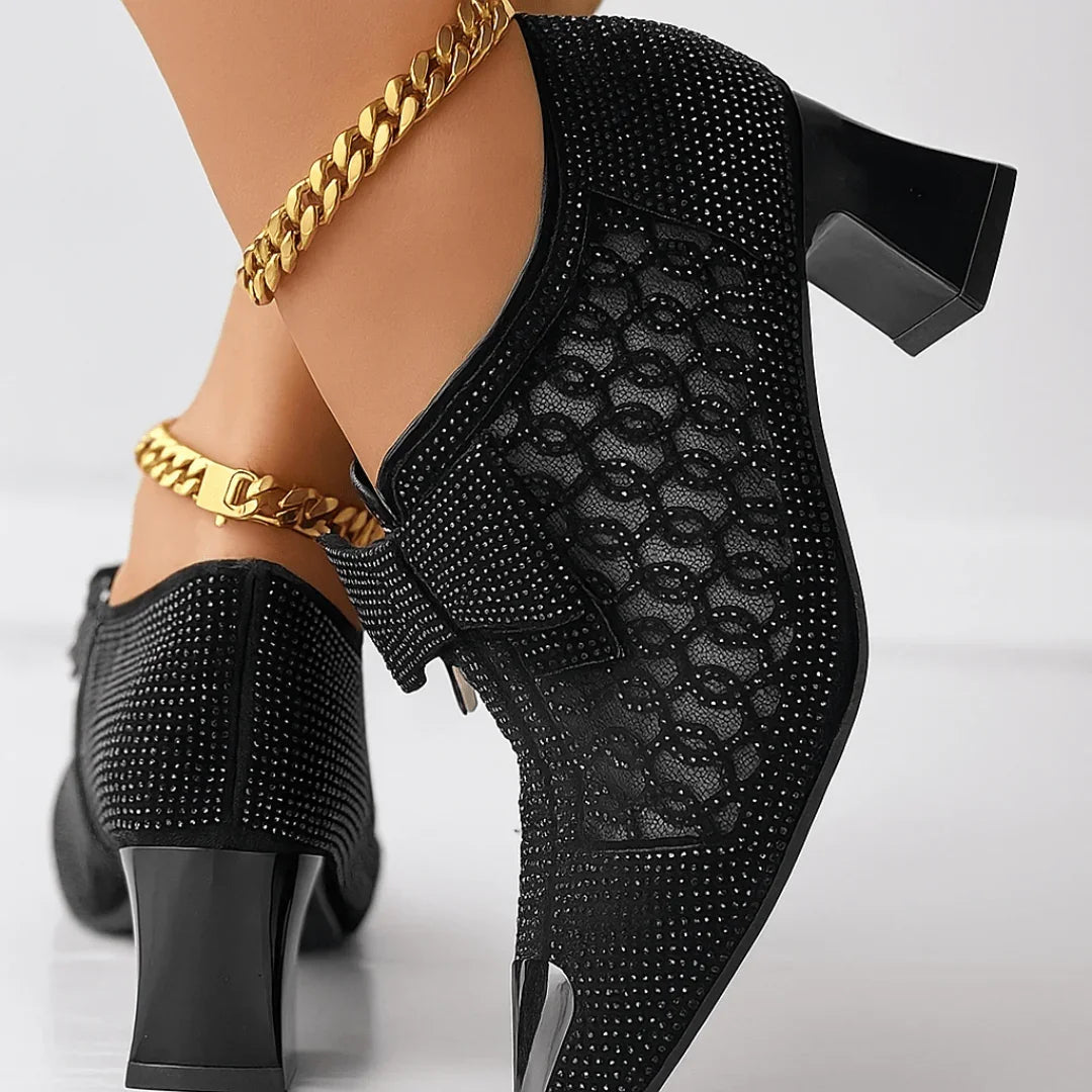 Margot | Elegant Rhinestone Bow Block Heels With Metallic Pointed Toe