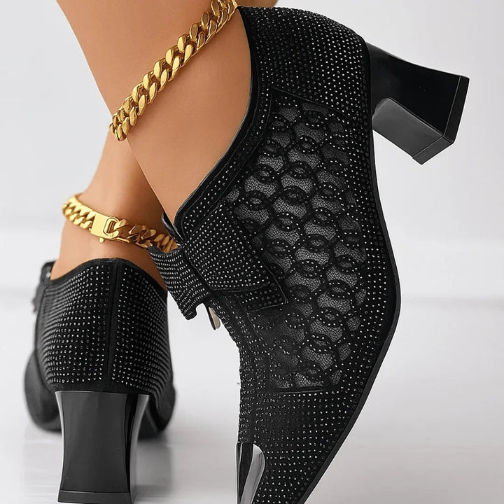 Margot | Elegant Rhinestone Bow Block Heels With Metallic Pointed Toe