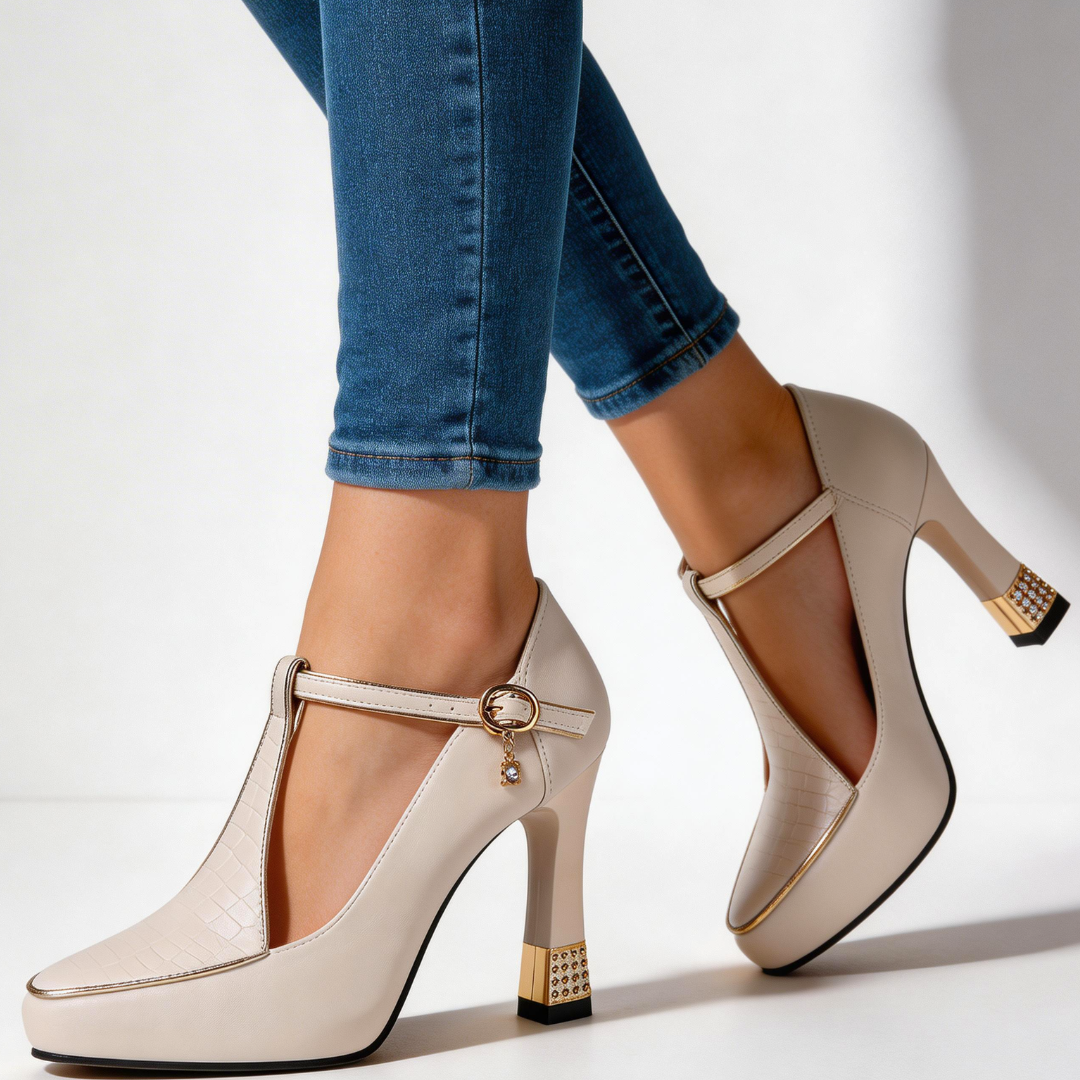Ruby | Elegant Black T-Strap Block Heels With Gold Accents