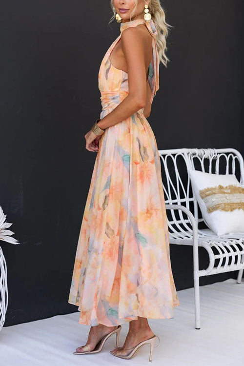 Willow | Elegant Halter Hand-Painted Backless Maxi Dress
