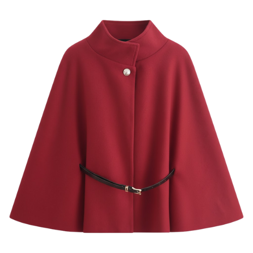 Elyse | Elegant Red Belted Cape Coat With Batwing Sleeves
