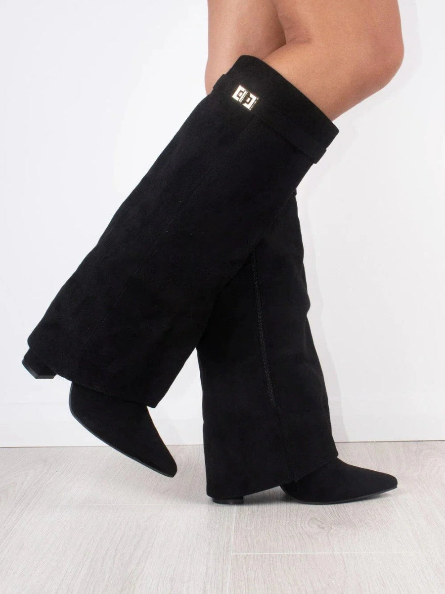 Ruby | Elegant Black Suede Knee-High Boots With Gold Hardware