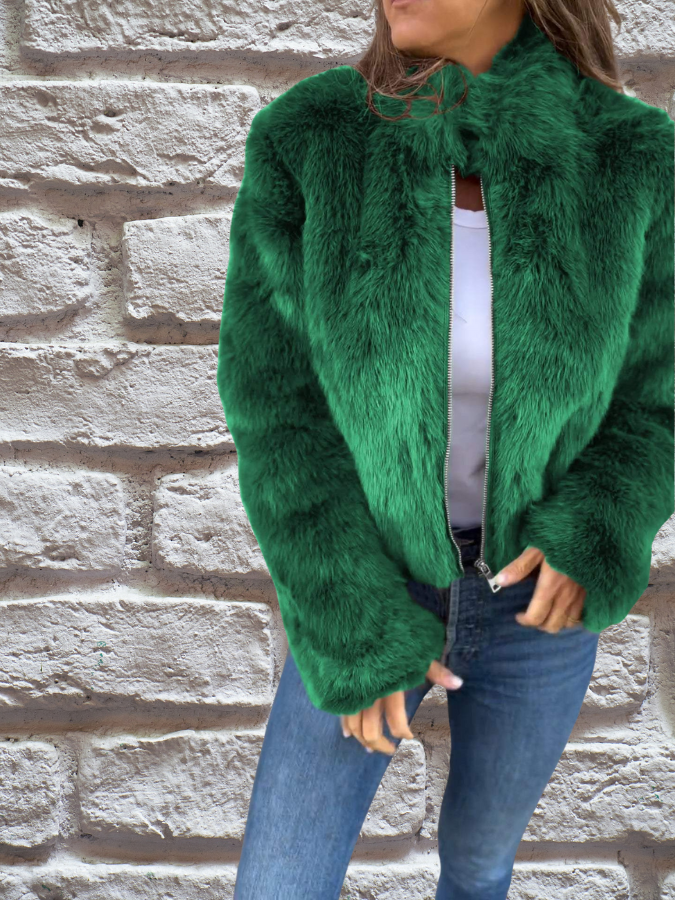 Natalie | Luxe Brown Faux Fur Cropped Jacket With Zipper