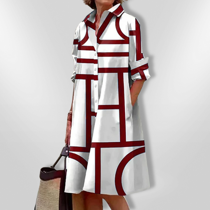 Freya | Chic Geometric Print Shirt Midi Dress With Pockets