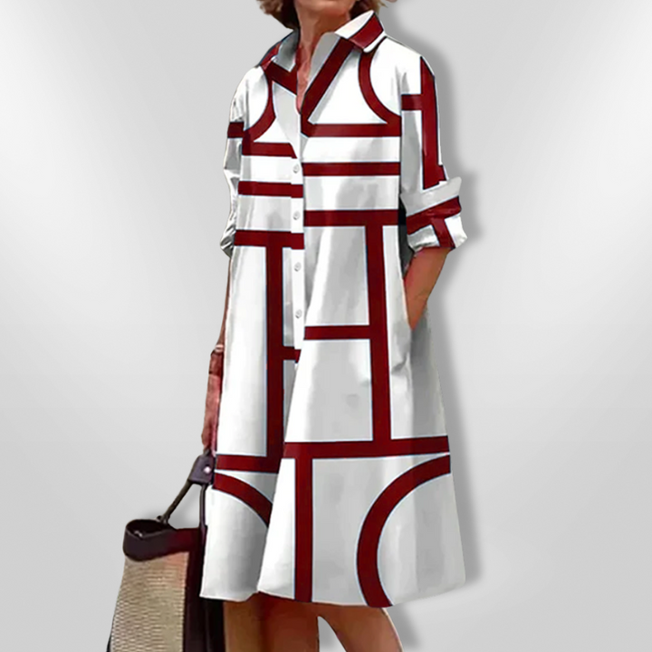 Willa | Chic Geometric Print Midi Shirt Dress With Collared Neckline