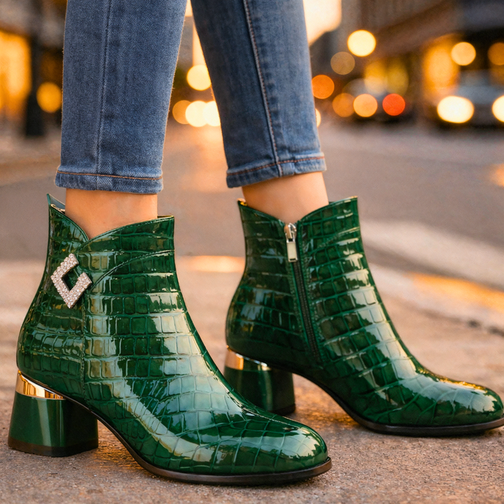 Luna | Chic Croc-Embossed Block Heel Ankle Boots