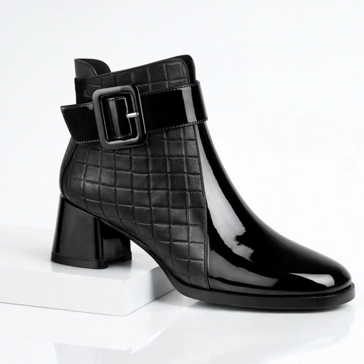 Margot | Chic Patent Leather Block Heel Ankle Boots With Quilted Detail
