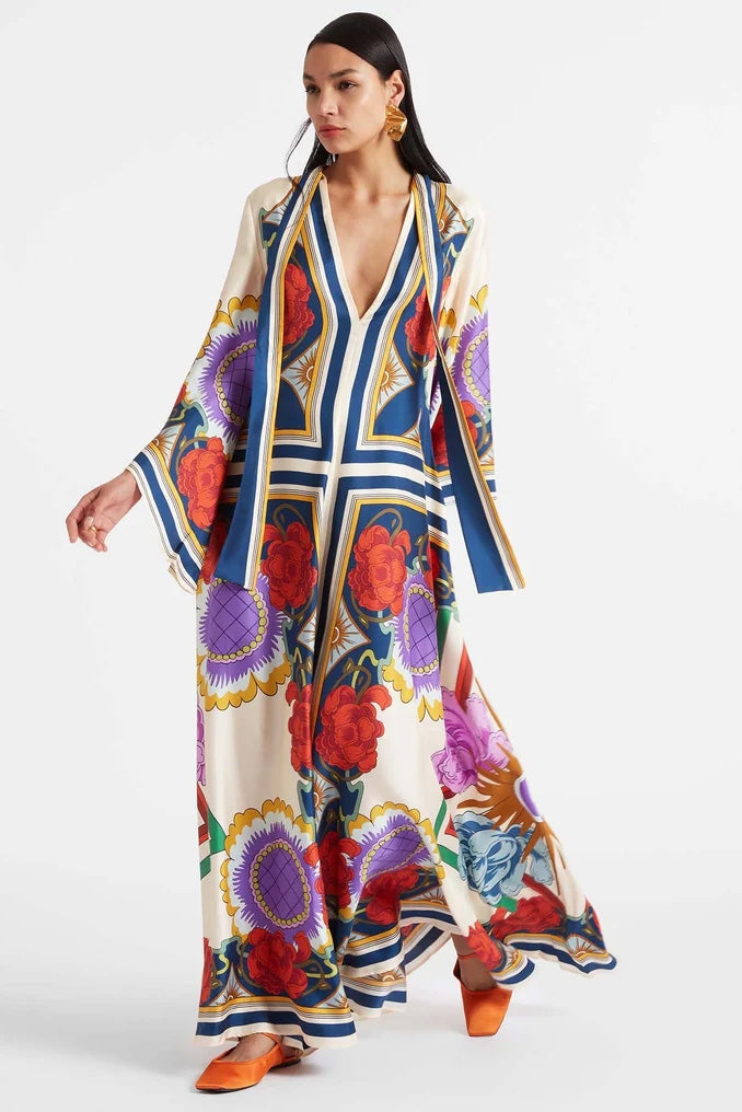 Octavius | Elegant V-Neck Floral Print Maxi Dress With Sleeves