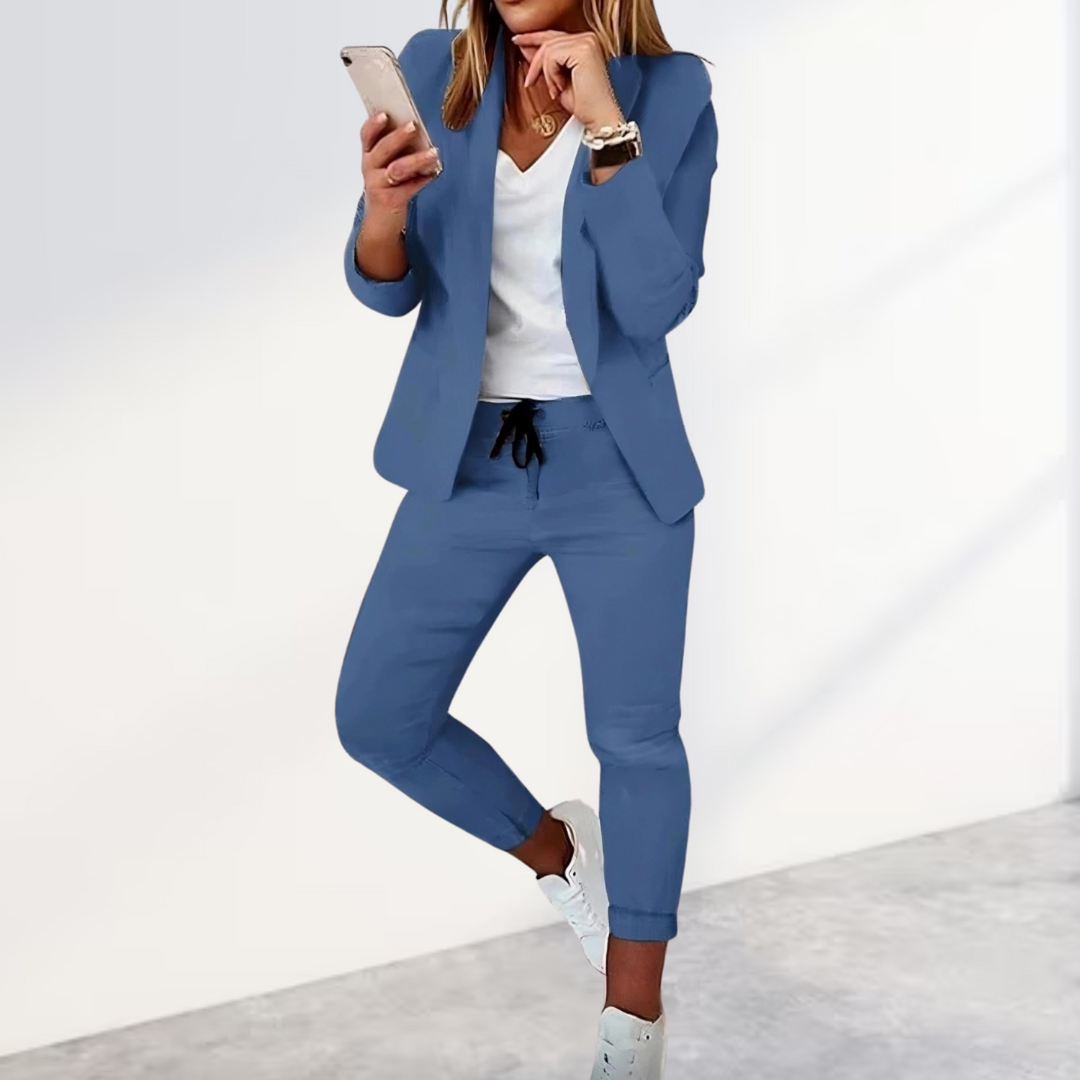 Tessa | Chic Black Blazer Jogger Set With White V-Neck