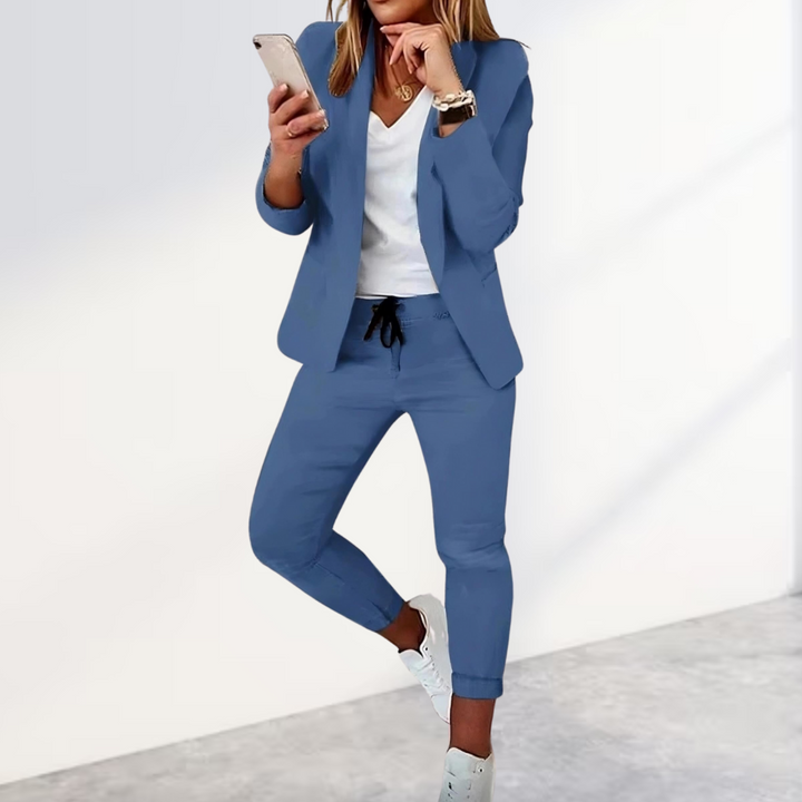 Tessa | Chic Black Blazer Jogger Set With White V-Neck