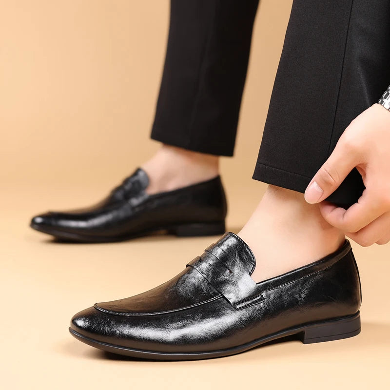 Harper | Sleek Black Leather Slip-On Dress Loafers For Men