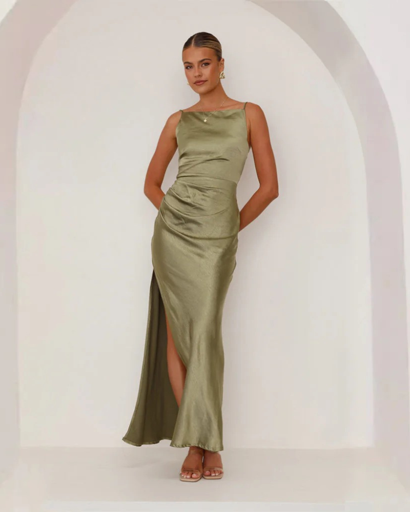 Amara | Elegant Sleeveless Ruched Satin Maxi Dress With Side Slit