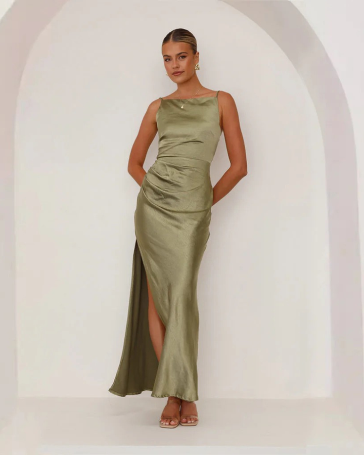 Amara | Elegant Sleeveless Ruched Satin Maxi Dress With Side Slit