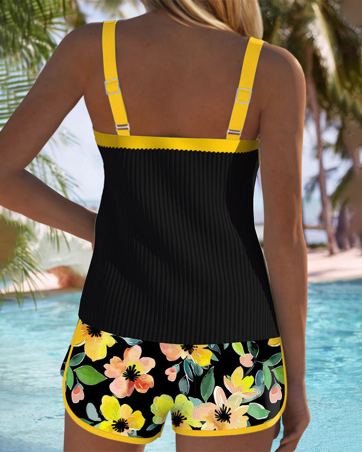Ophelia | Elegant Ribbed Tankini With Floral Print Swim Shorts