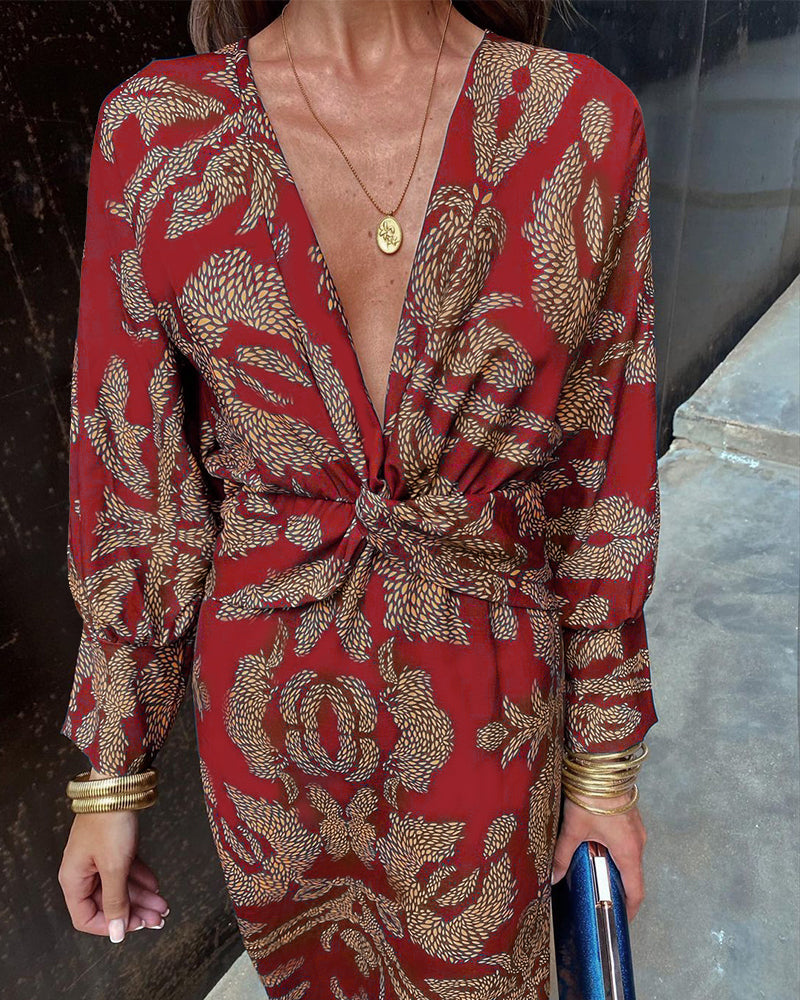 Marina | Elegant V-Neck Wrap Midi Dress With Rope Print