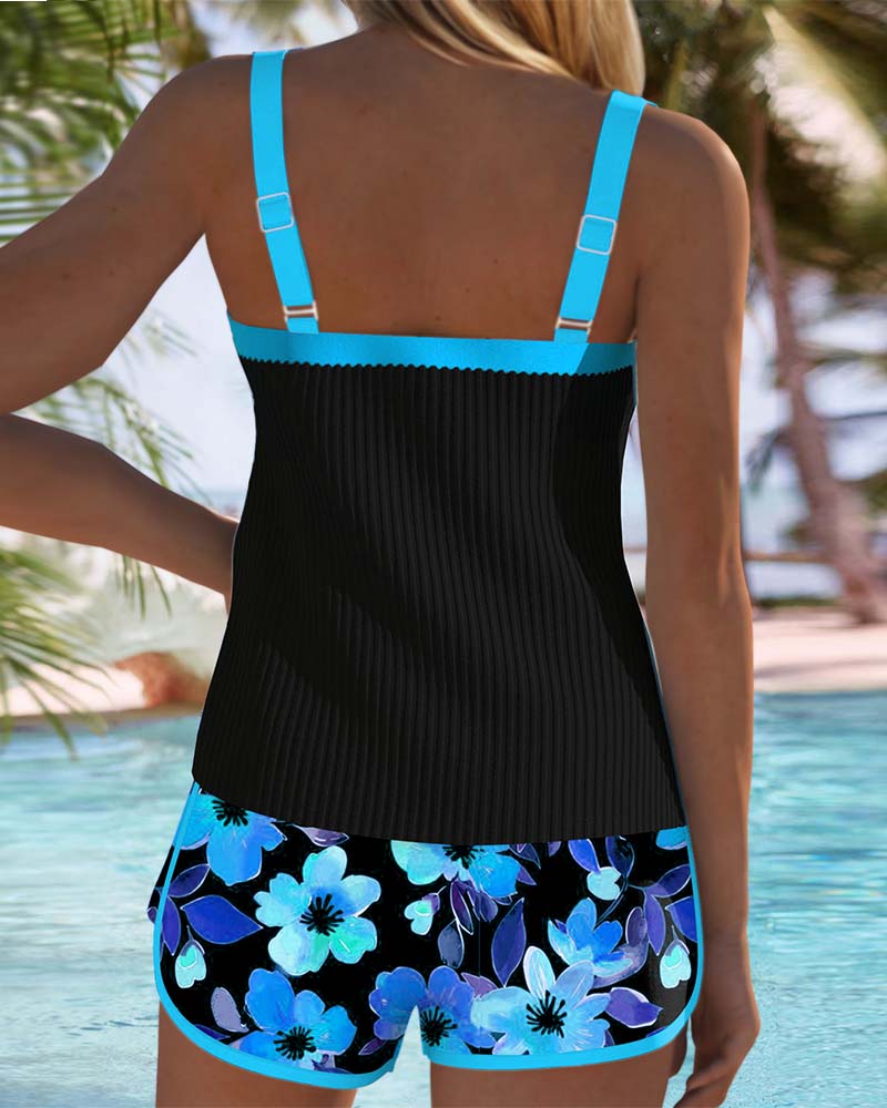 Ophelia | Elegant Ribbed Tankini With Floral Print Swim Shorts