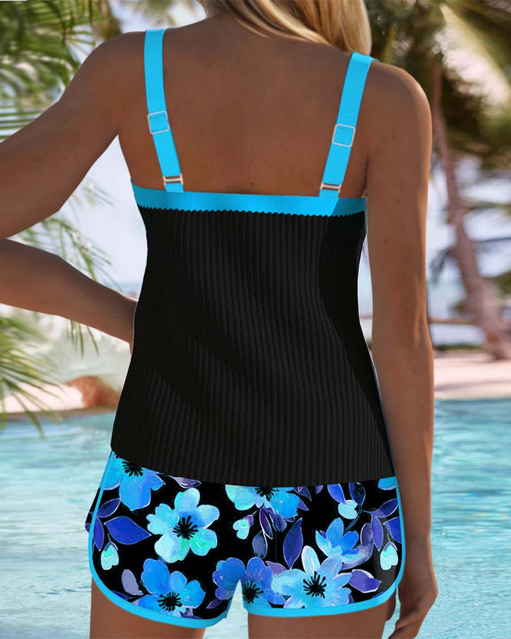 Ophelia | Elegant Ribbed Tankini With Floral Print Swim Shorts