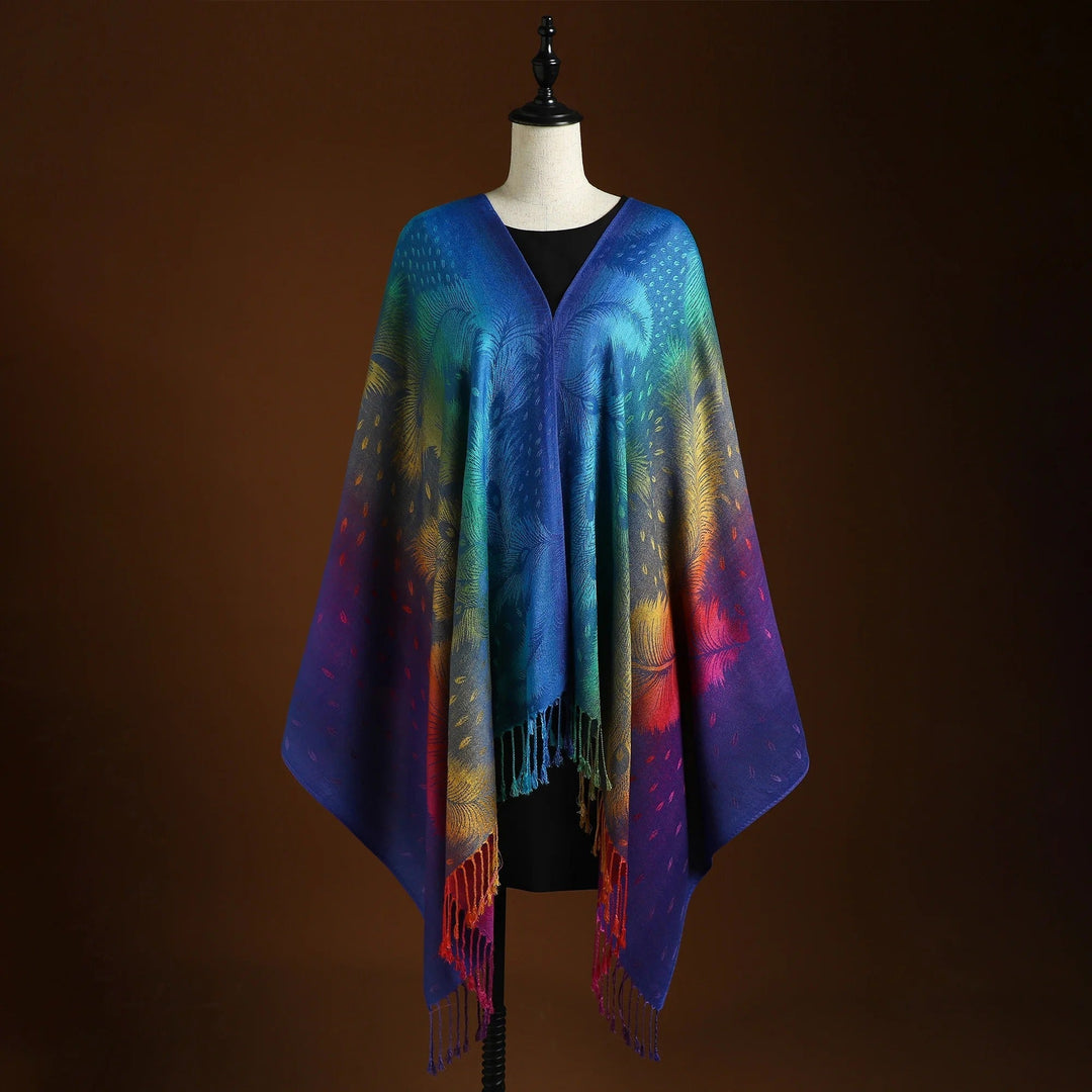 Hazel | Elegant Peacock Feather Cashmere Scarf With Fringe