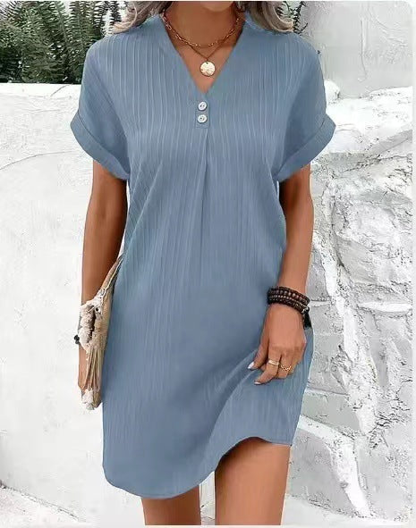 Lyla | Relaxed V-Neck Ribbed Mini Dress With Short Sleeves