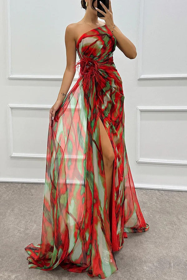 Millie | Elegant One Shoulder Feather Detail Maxi Gown