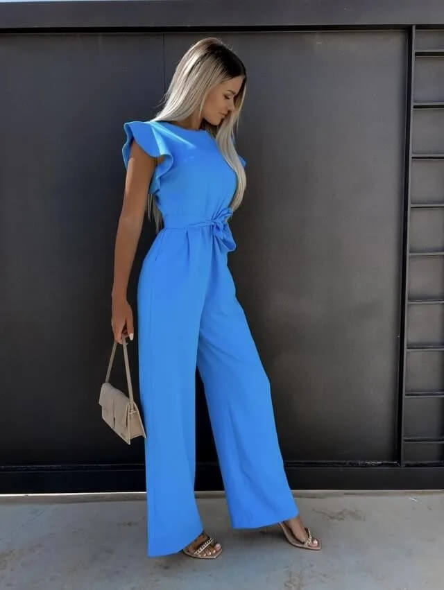 Tessa | Elegant Flutter Sleeve Belted Wide Leg Jumpsuit