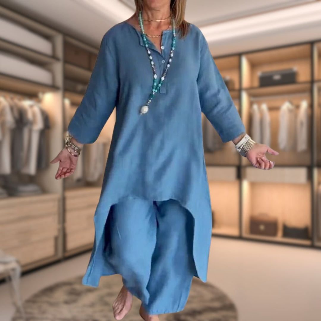 Marie | Elegant Two-Piece Linen Set With V-Neck Top