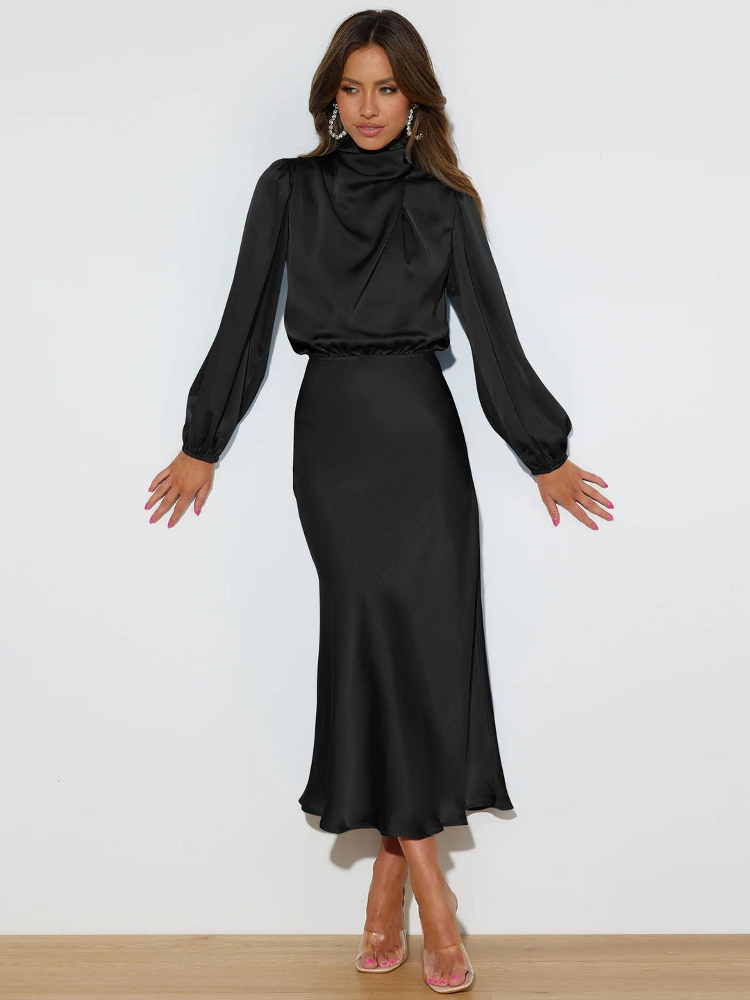 Tamara | Elegant Satin Draped High Neck Long Sleeve Midi Dress