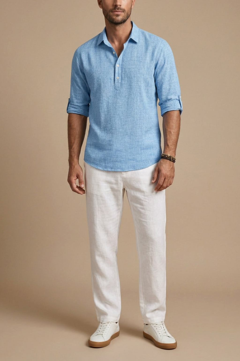 Declan | Elegant Light Blue Linen Polo Shirt Men - Rolled Sleeves
