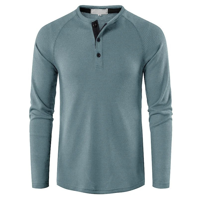 Evelyn | Elegant Men's Gray Waffle Knit Henley Long Sleeve Shirt