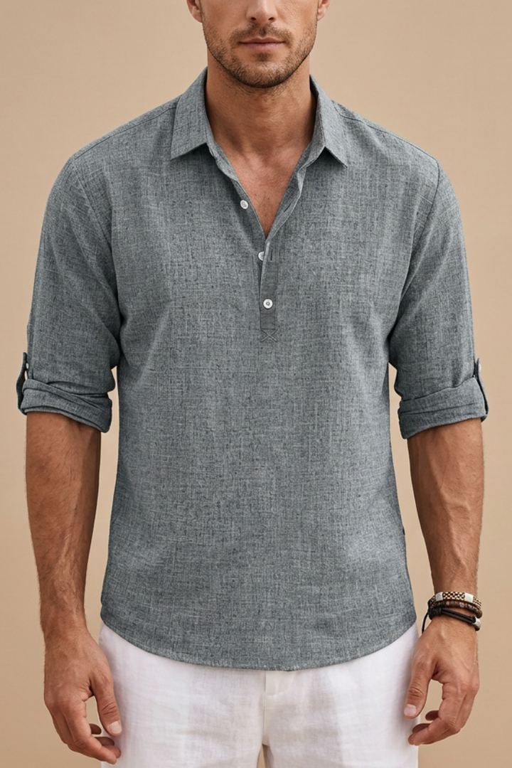 Declan | Elegant Light Blue Linen Polo Shirt Men - Rolled Sleeves