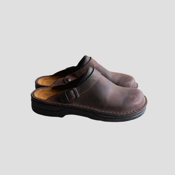 Eliana | Stylish Brown Leather Slip-On Clogs With Adjustable Strap