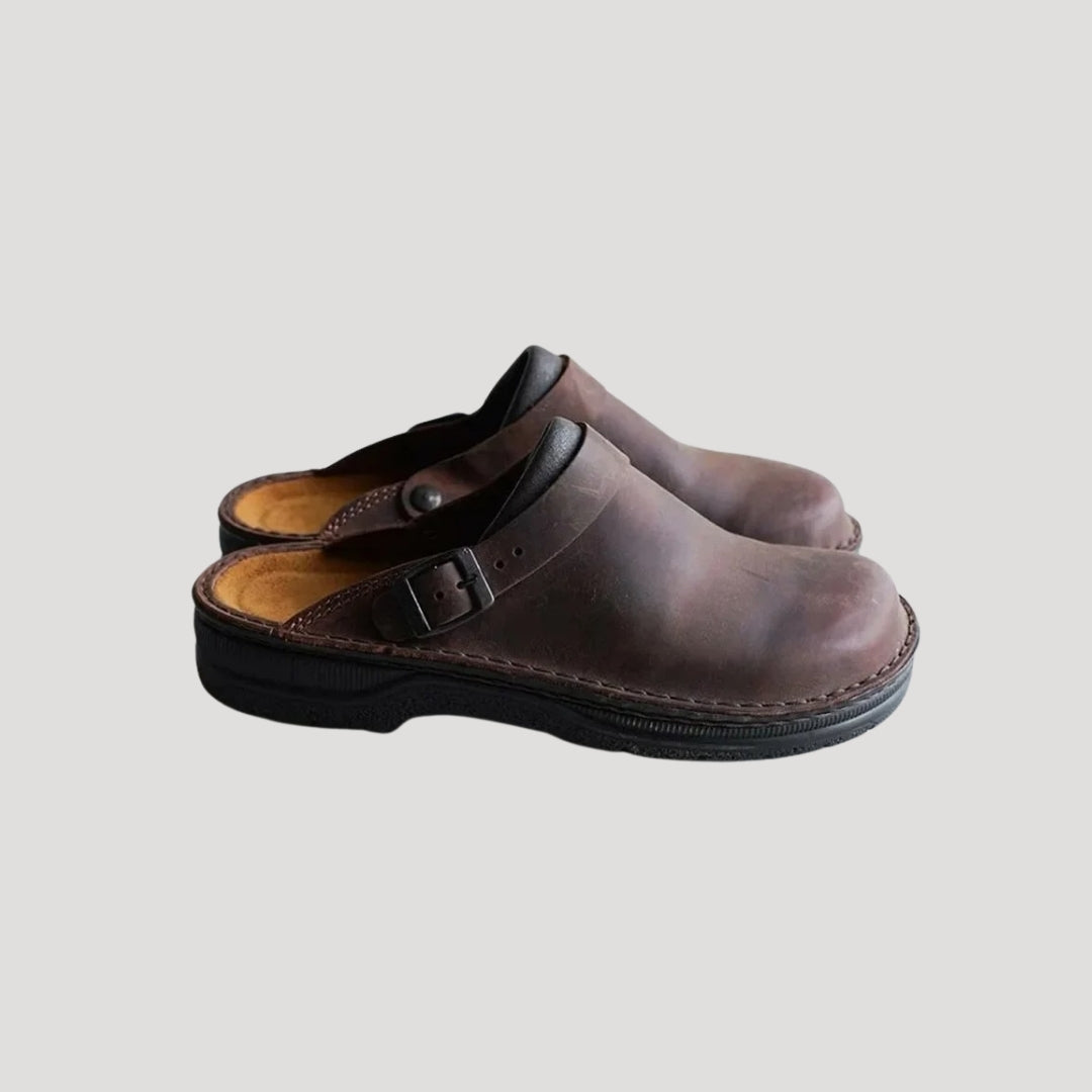 Cordelia | Stylish Men's Brown Leather Clogs With Adjustable Strap
