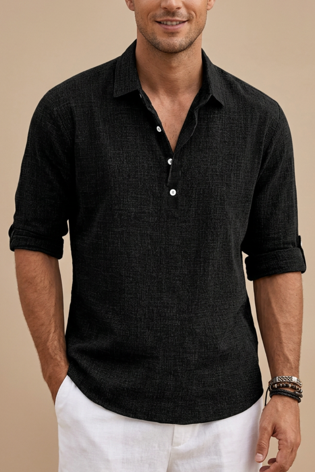 Declan | Elegant Light Blue Linen Polo Shirt Men - Rolled Sleeves