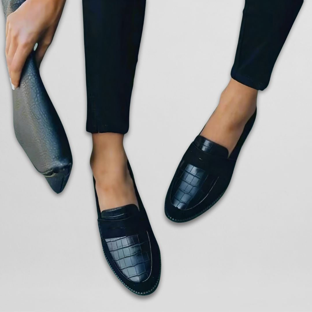 Alana | Chic Black Croc-Embossed Round Toe Loafers