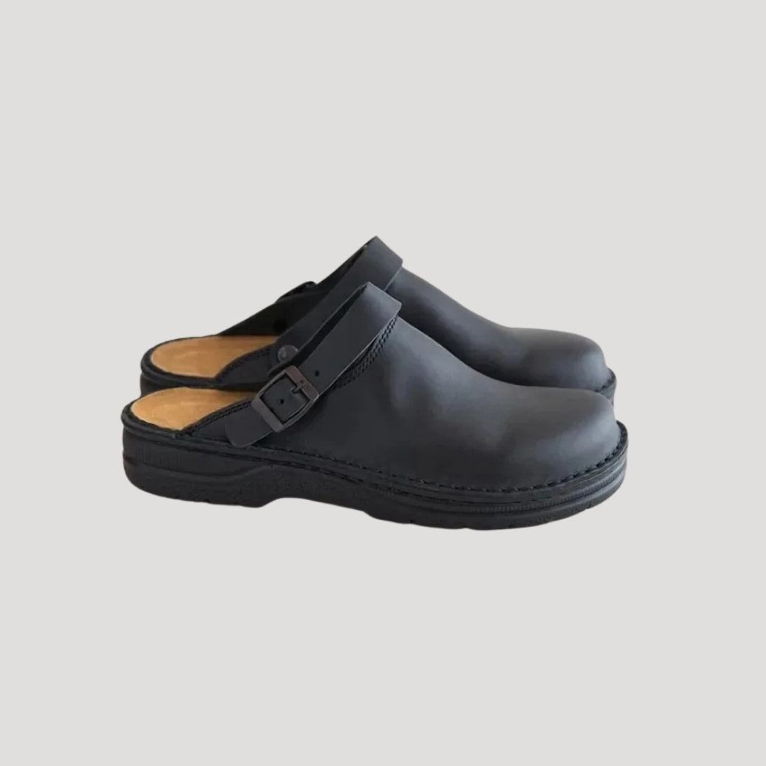 Eliana | Stylish Brown Leather Slip-On Clogs With Adjustable Strap