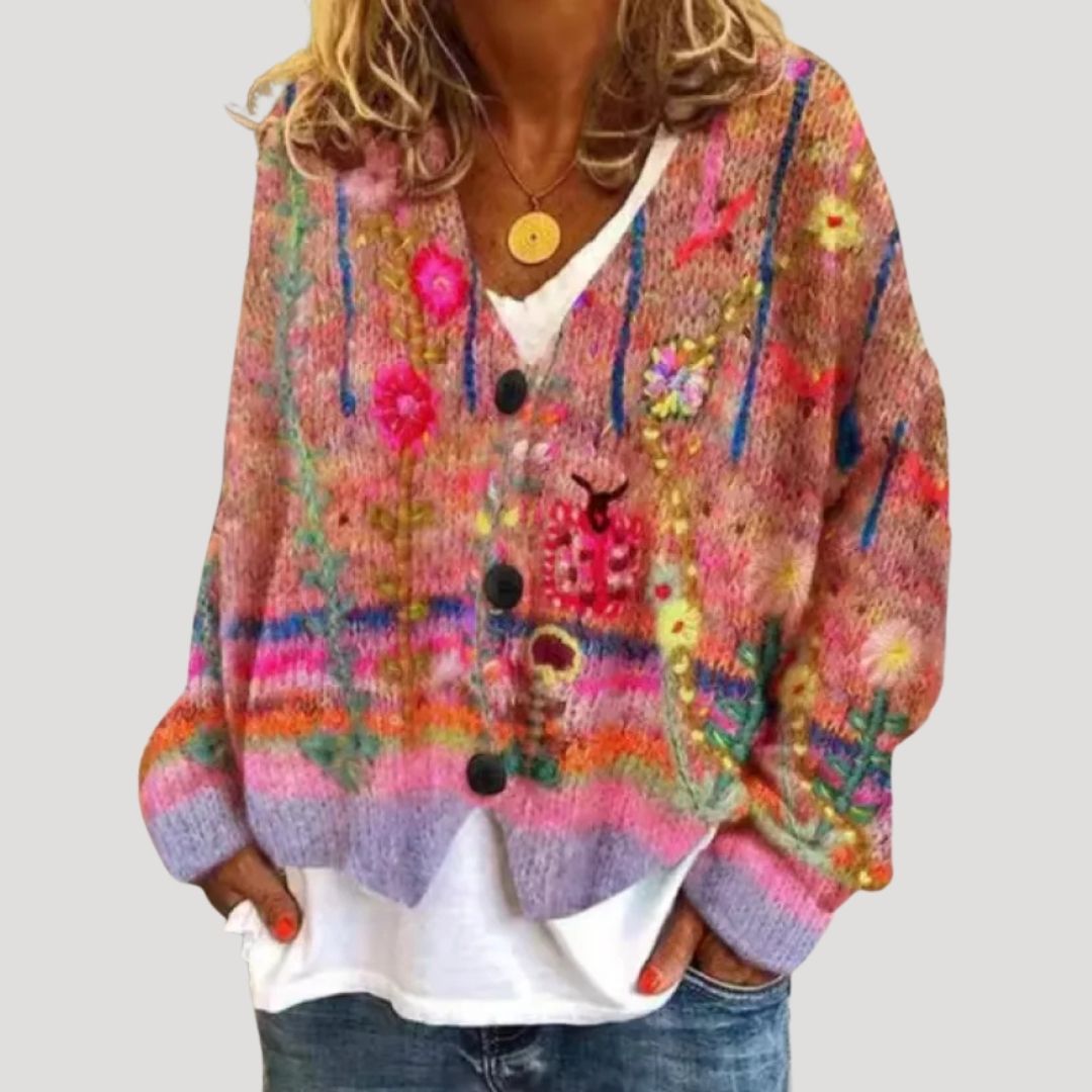 Freya | Stylish Oversized Floral Print Button-Up Knit Cardigan