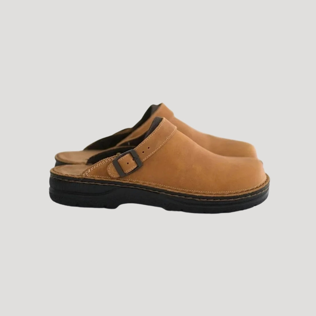 Cordelia | Stylish Men's Brown Leather Clogs With Adjustable Strap
