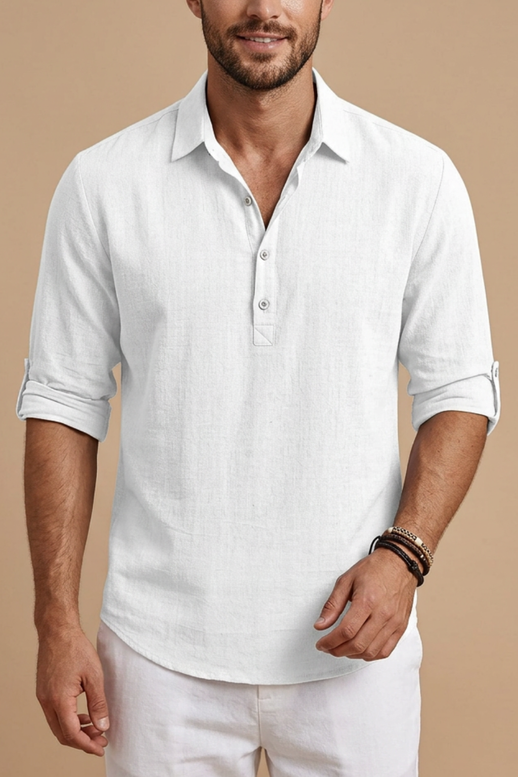 Declan | Elegant Light Blue Linen Polo Shirt Men - Rolled Sleeves
