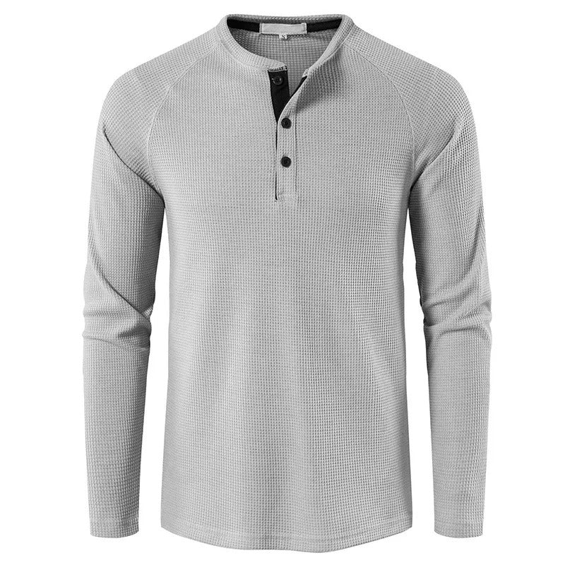 Evelyn | Elegant Men's Gray Waffle Knit Henley Long Sleeve Shirt