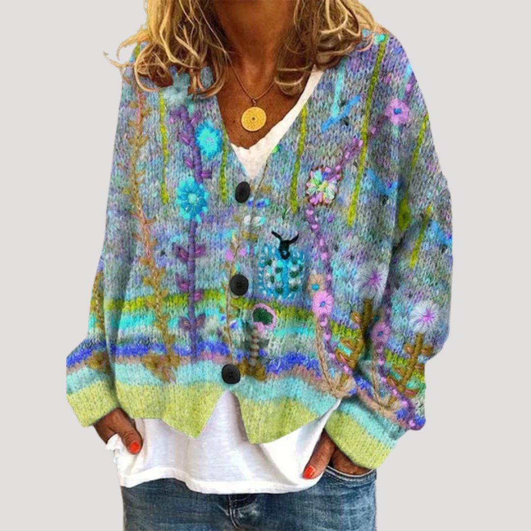 Freya | Stylish Oversized Floral Print Button-Up Knit Cardigan