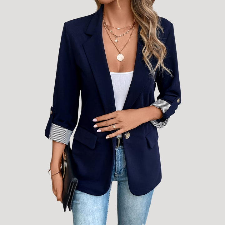 Rosanna | Chic Tailored Navy Blazer With Striped Cuff Detail